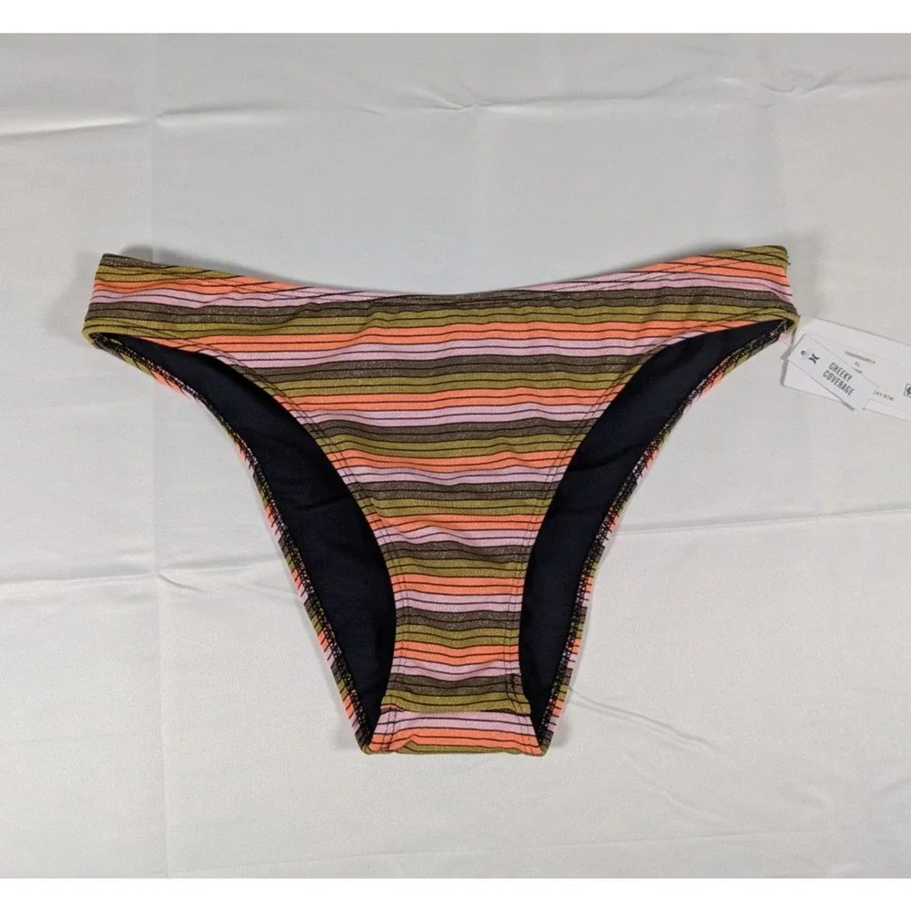 NWT Hurley Cheeky Bikini Bottom Womens XS Sunset Shine Stripe Mid Rise Swim Surf